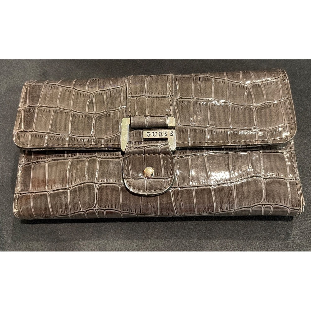 Gray Crocodile-Embossed Faux Leather Guess Wallet With Snap Closure Womens